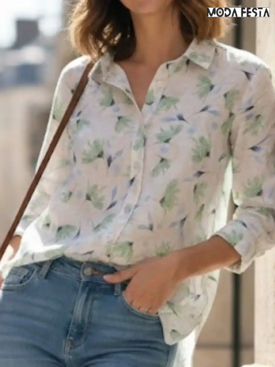 ModaFesta -elegant-floral-print-linen-shirt-beige-green