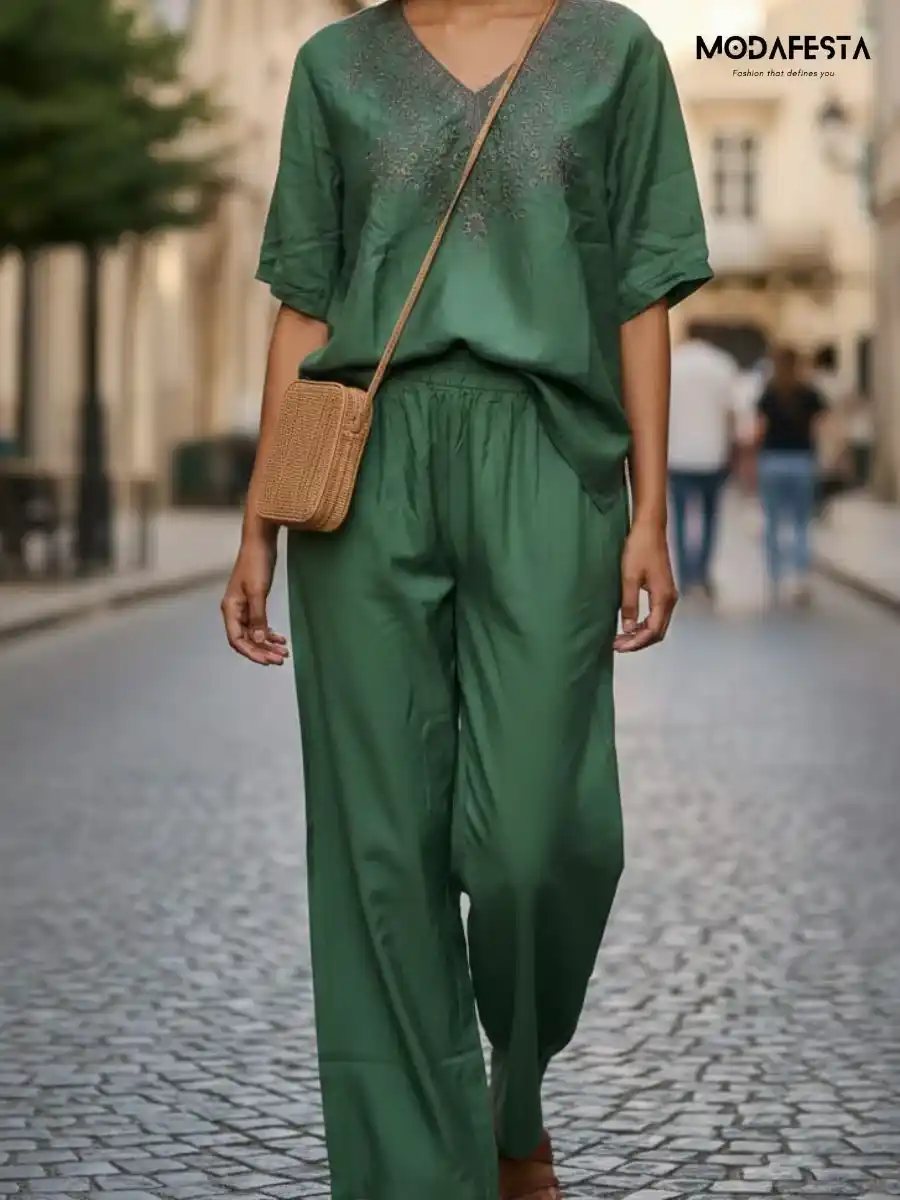 ModaFesta -elegant-v-neck-floral-embroidered-coord-set-green