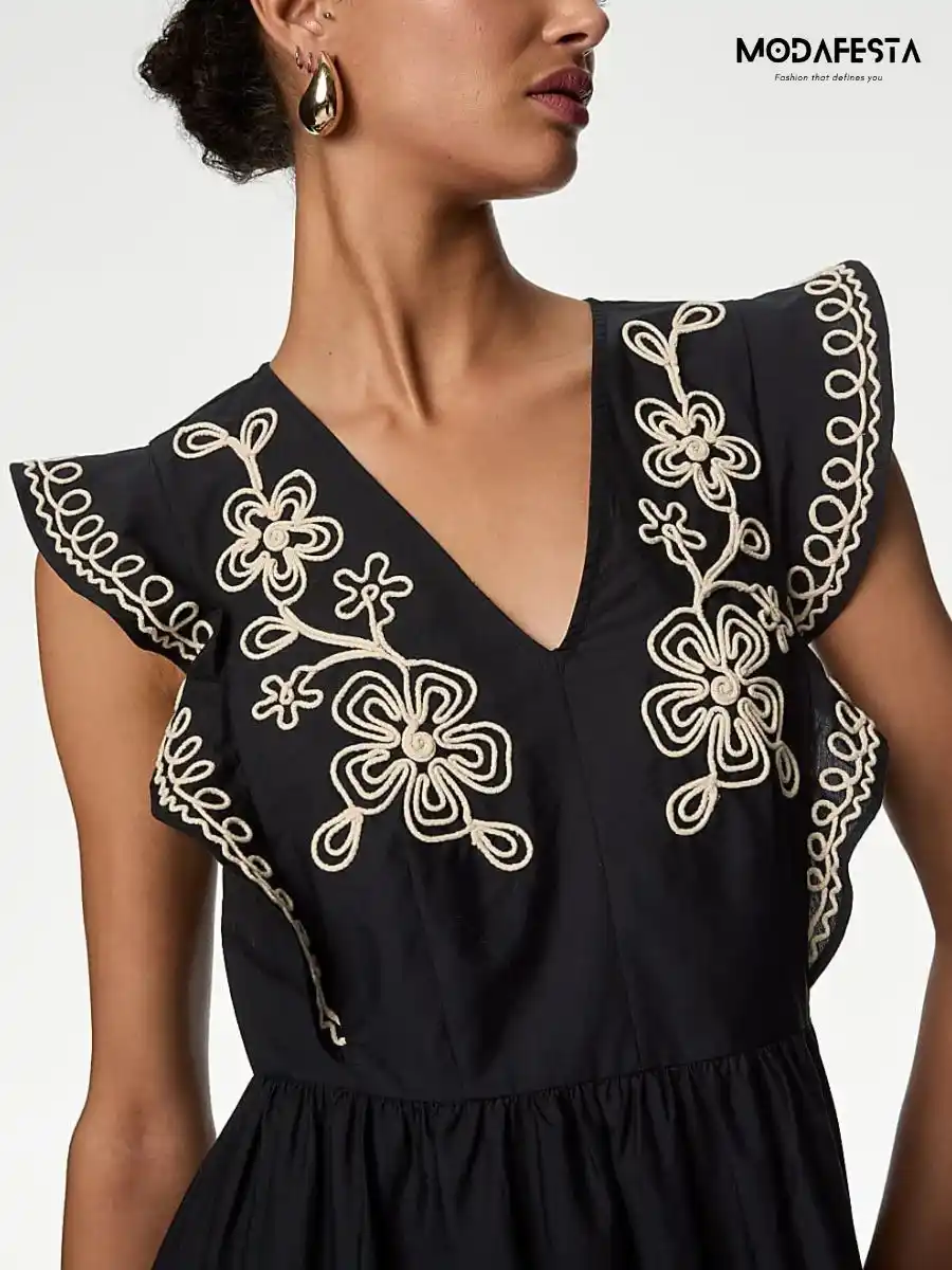 ModaFesta -elegant-linen-embroidered-dress-black