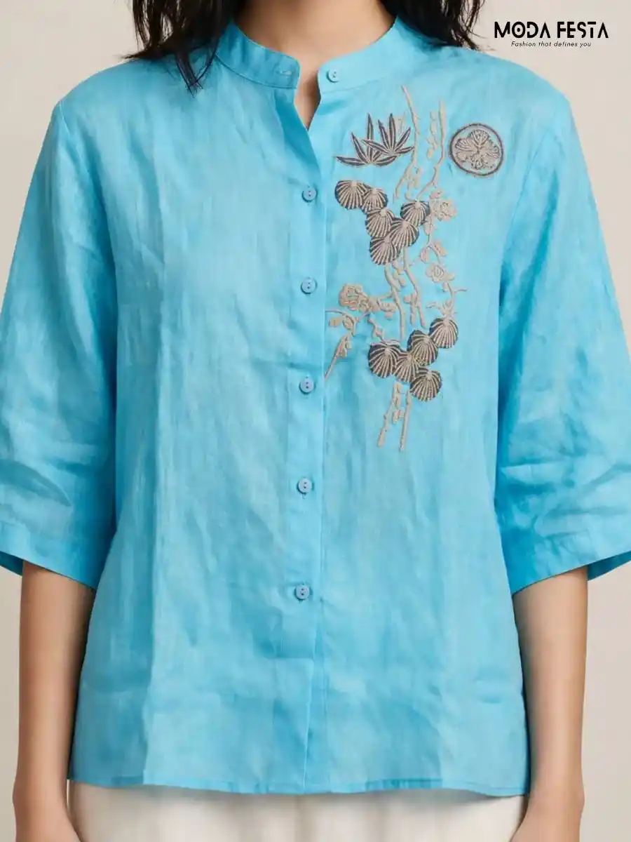 ModaFesta -sky-blue-embroidered-button-down-top