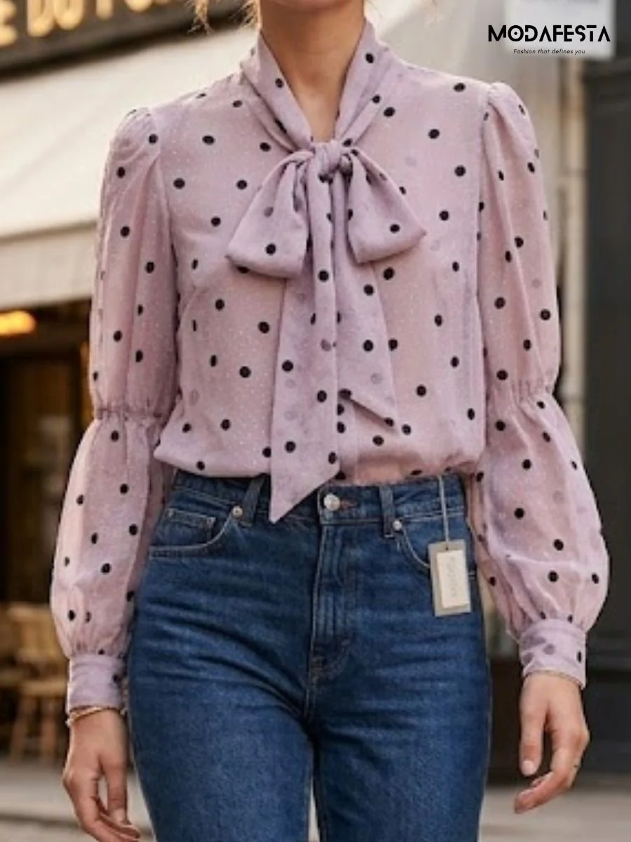 Elegant Chiffon Polka Dot Shirt Tie Up Neck
