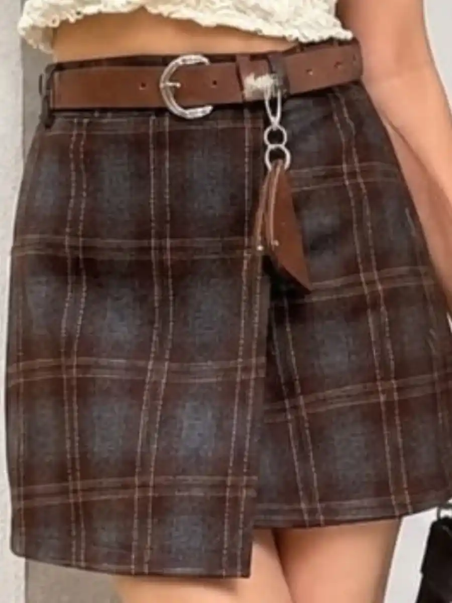 ModaFesta -brown-plaid-wrap-mini-skirt-with-belt