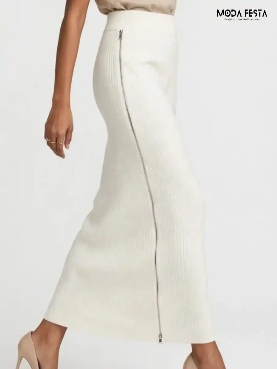 ModaFesta -off-white-ribbed-knit-side-zipper-midi-skirt