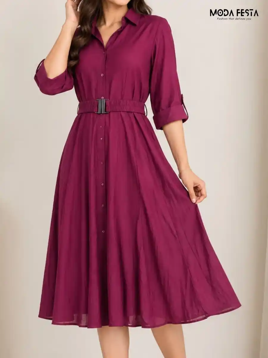 Magenta Solid Shirt Dress with Matching Belt