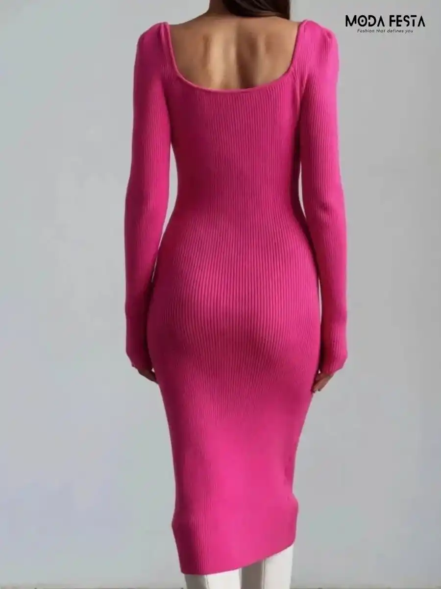 ModaFesta -elegant-sweetheart-neck-knitted-dress-pink