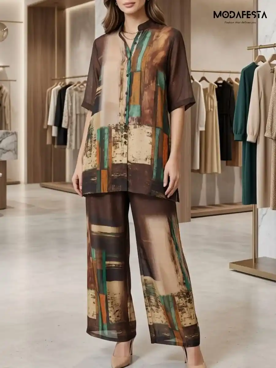 Elegant Abstract Print Chiffon Coord Set