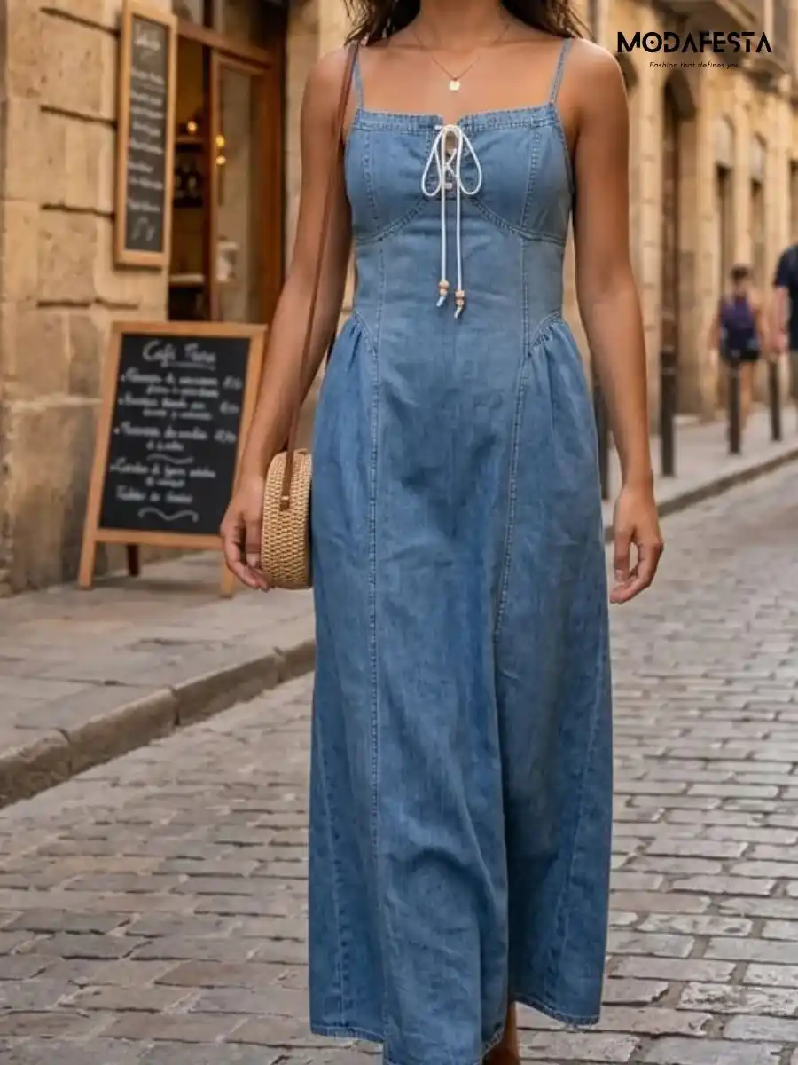 ModaFesta -elegant-a-line-denim-dress-with-shrug-blue