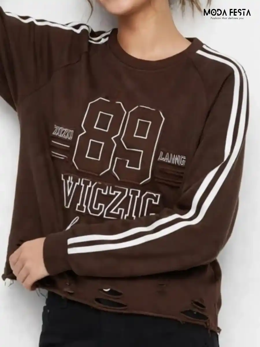 ModaFesta -graphic-distressed-striped-sleeve-sweatshirt