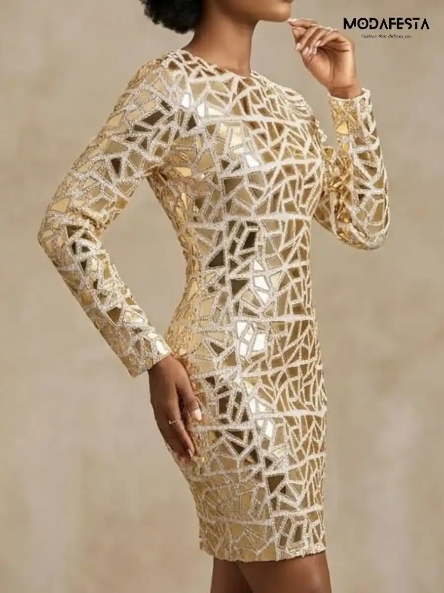 ModaFesta -elegant-short-mirror-work-look-dress-beige