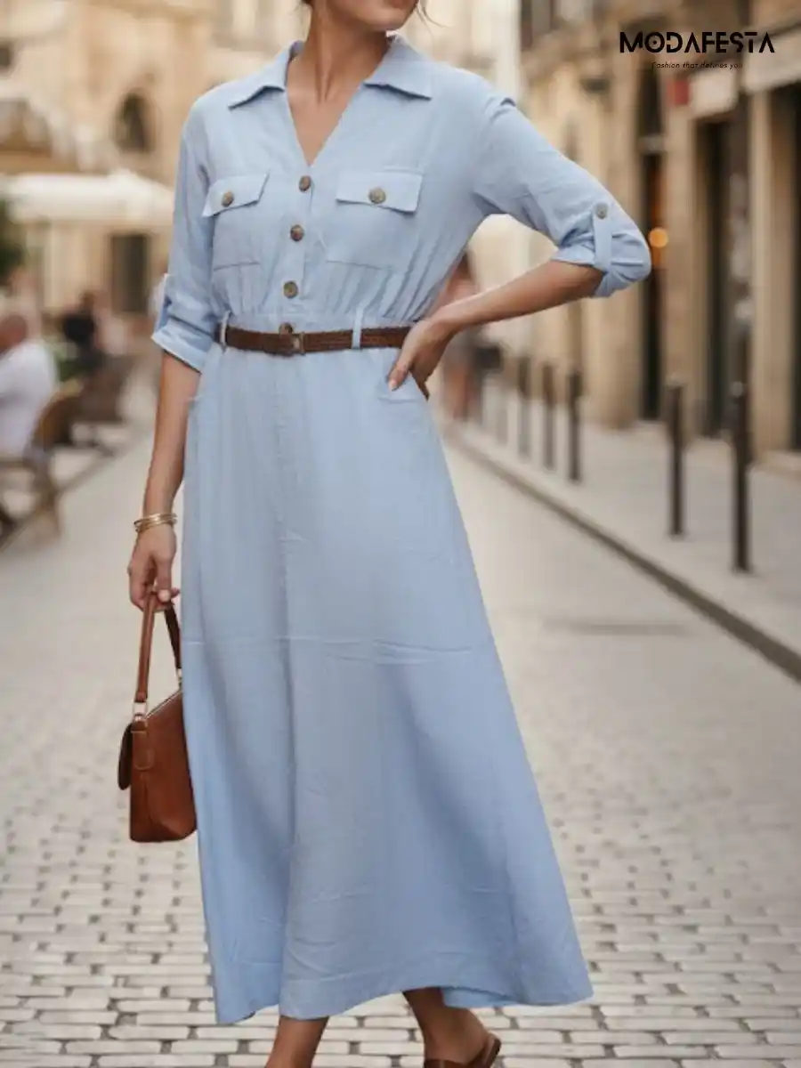 ModaFesta -elegant-linen-cotton-dress-with-belt-sky-blue