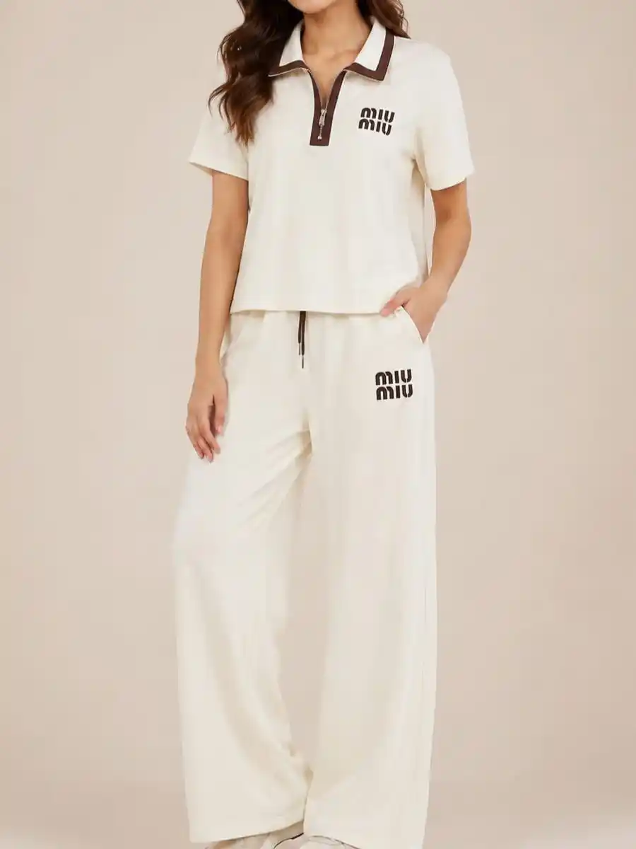 Miu Miu Contrast Trim Zip Polo and Wide-Leg Tracksuit Set