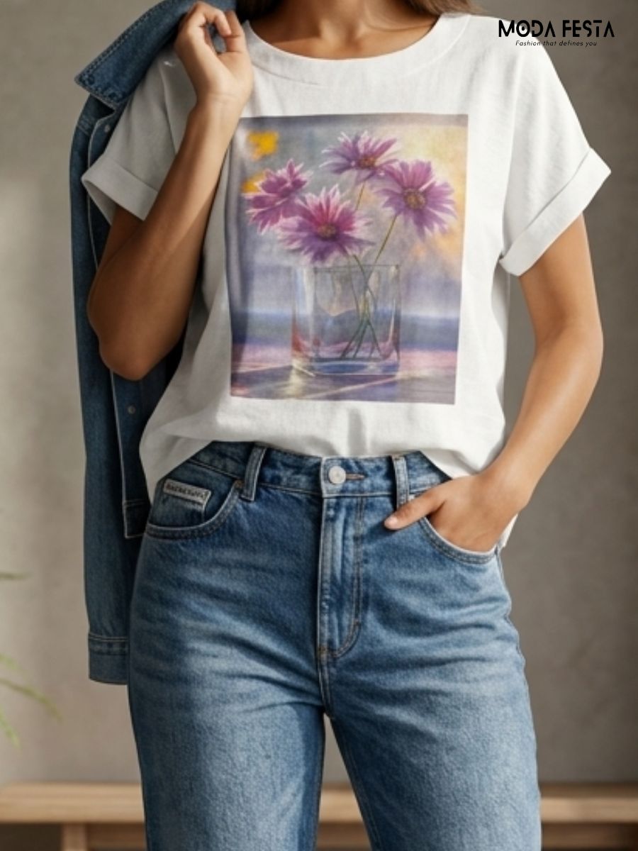 Purple Floral Graphic Cotton-Linen T-Shirt