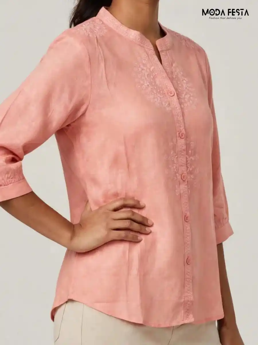 ModaFesta -peach-embroidered-mandarin-collar-button-down-top