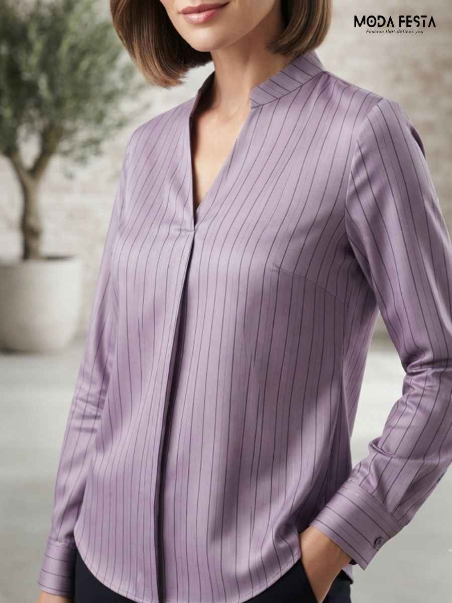 ModaFesta -elegant-lilac-pinstripe-mandarin-collar-full-sleeve-top
