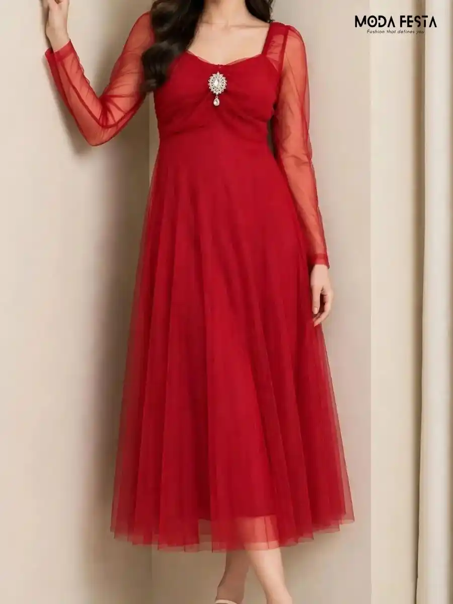 ModaFesta -red-sheer-net-midi-dress