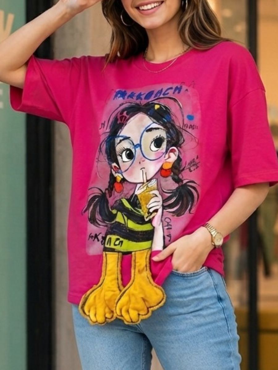 Womens Oversized Cartoon Graphic Print T-Shirt – Pink