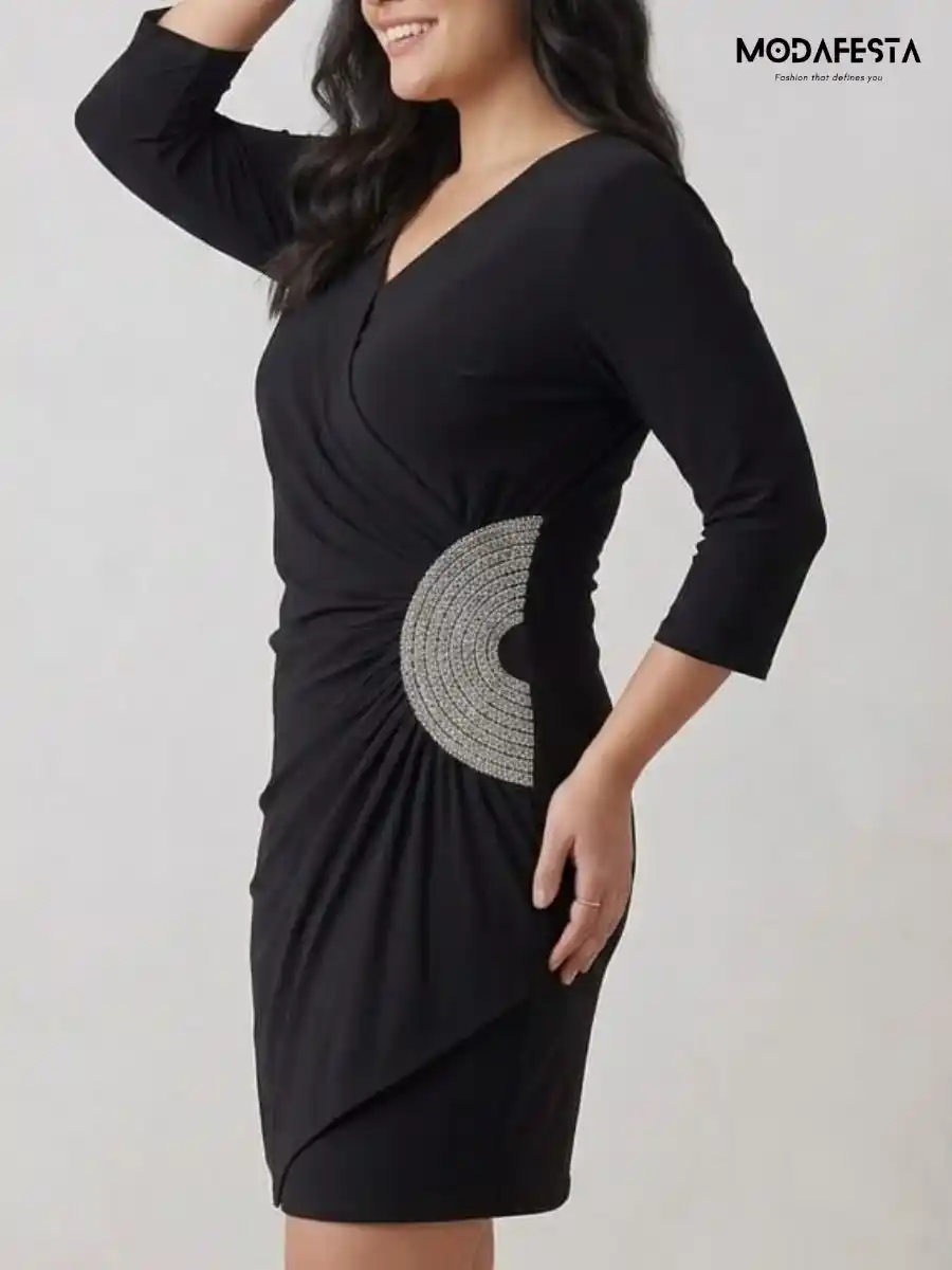 ModaFesta -elegant-black-v-neck-cocktail-dress