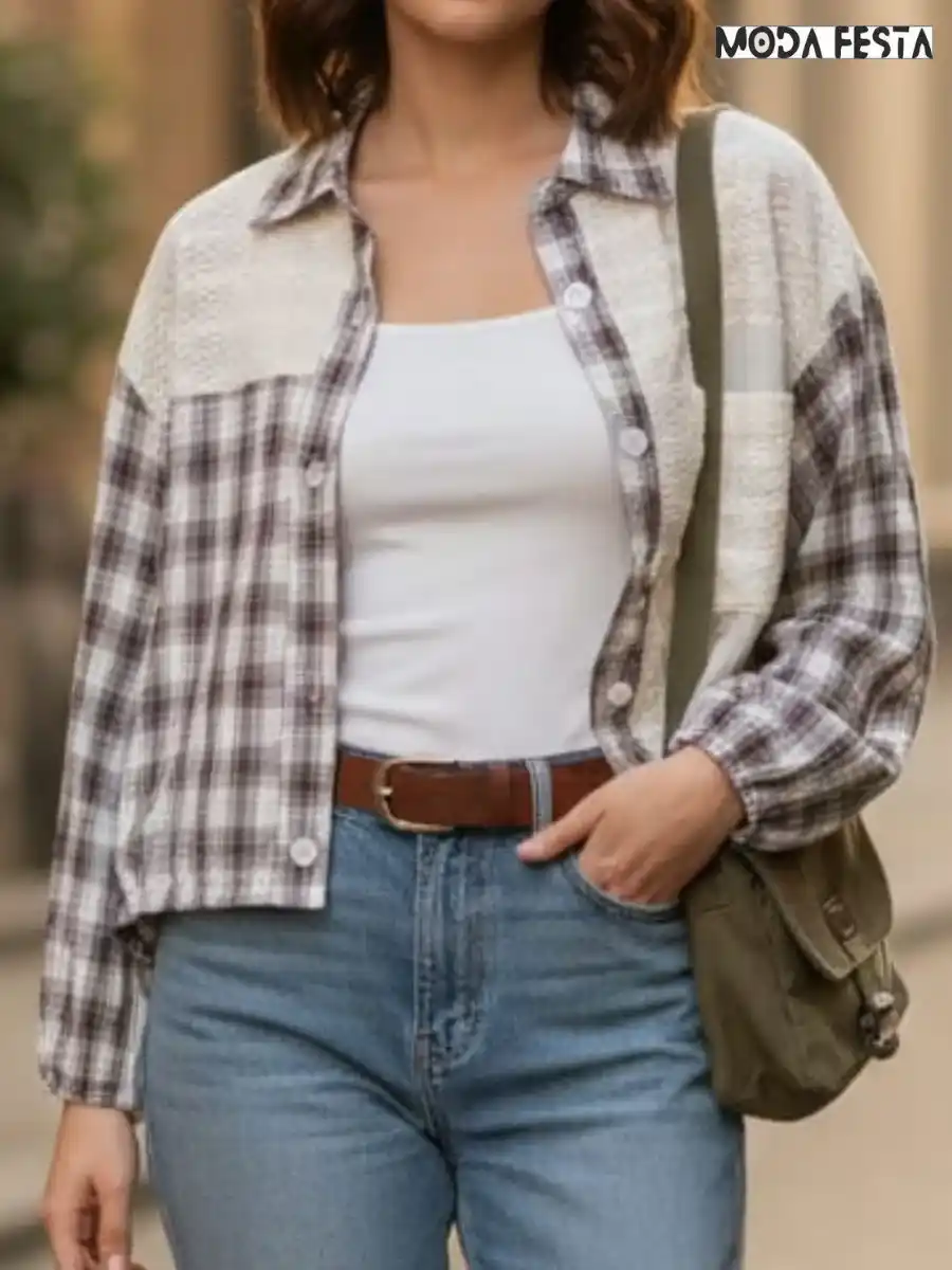 ModaFesta -elegant-checkered-patchwork-shirt-brown