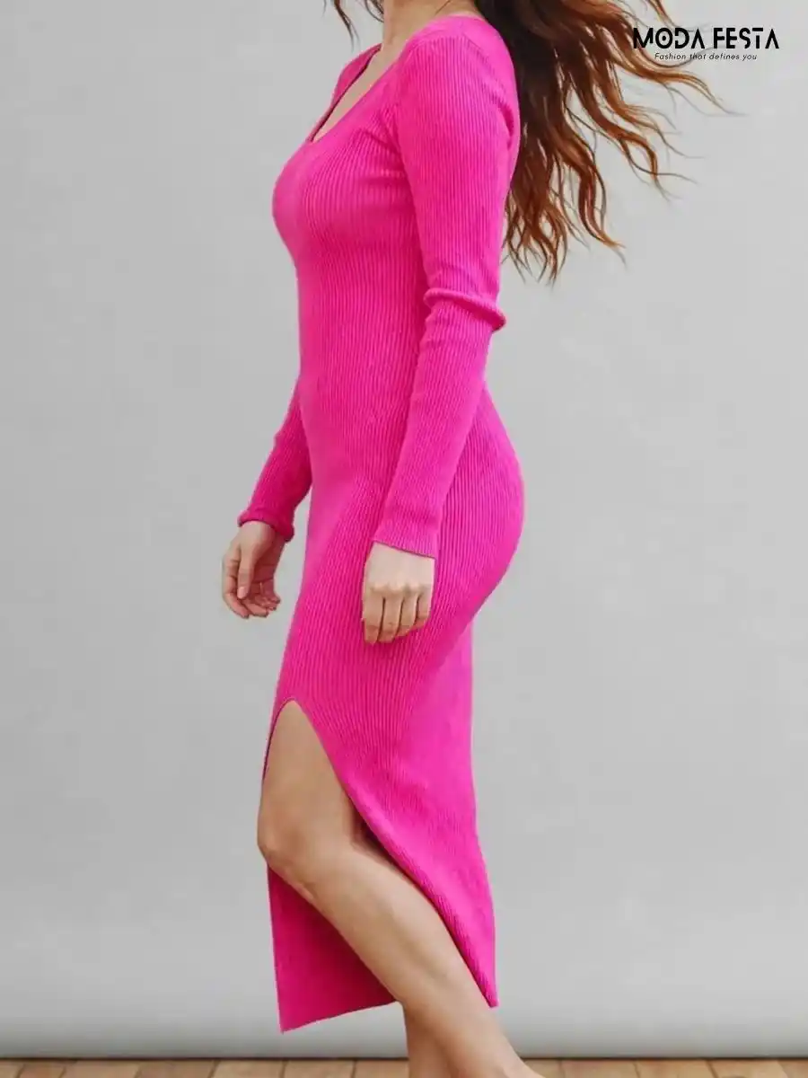 ModaFesta -style-v-neck-bodycon-dress-pink