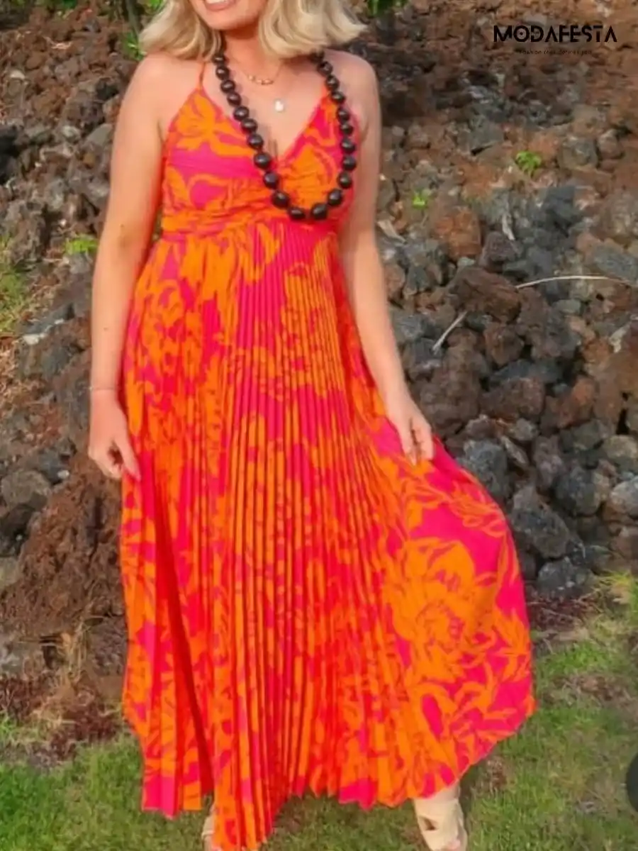 ModaFesta -elegaant-pleated-v-neck-maxi-dress-with-back-knot-orange