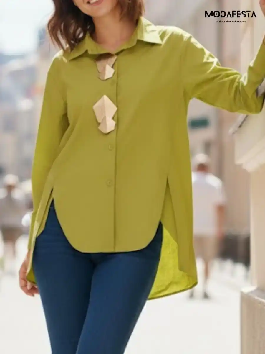 ModaFesta -elegant-high-low-hem-shirt-with-broach-green