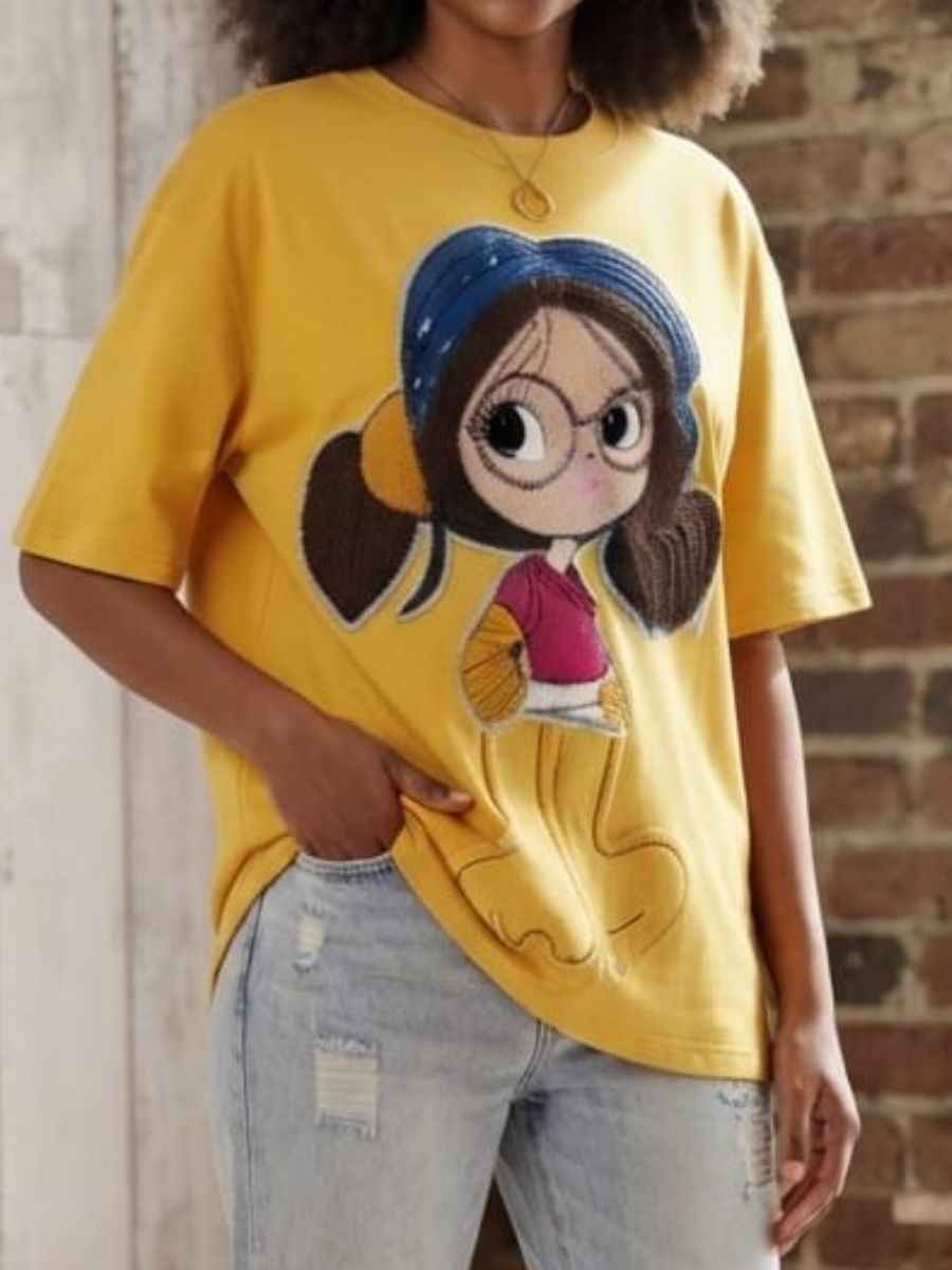 ModaFesta -yellow-casual-tshirt-with-cartoon-girl-graphic