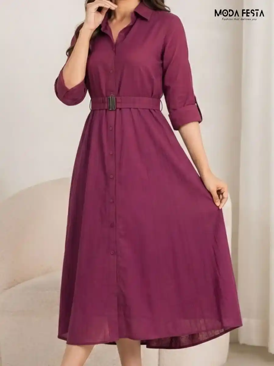 ModaFesta -magenta-solid-shirt-dress-with-matching-belt