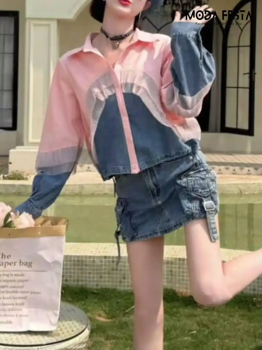ModaFesta -elegant-half-denim-style-crop-shirt-peach