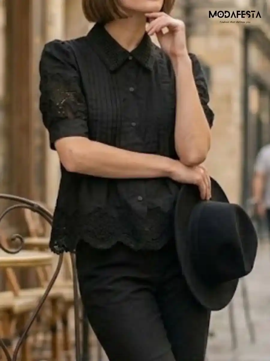 ModaFesta -elegant-puff-sleeve-cut-work-style-black