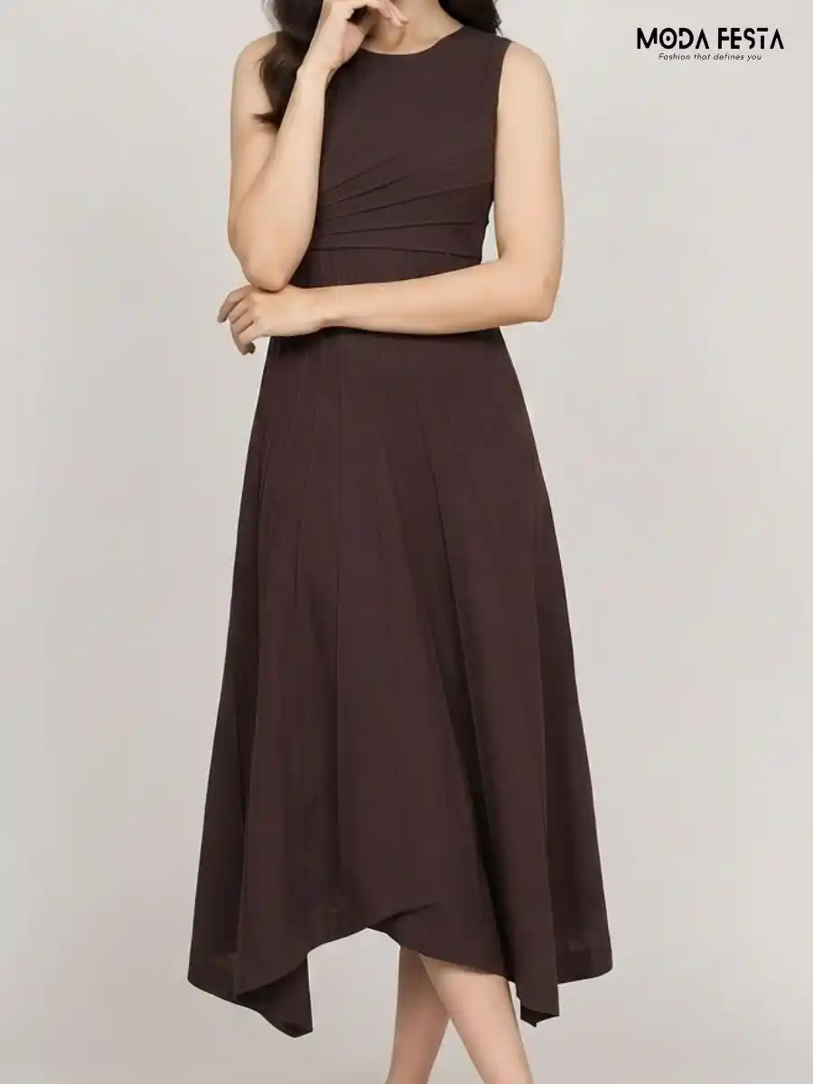 ModaFesta -elegant-dark-brown-pleated-fit-and-flare-midi-dress
