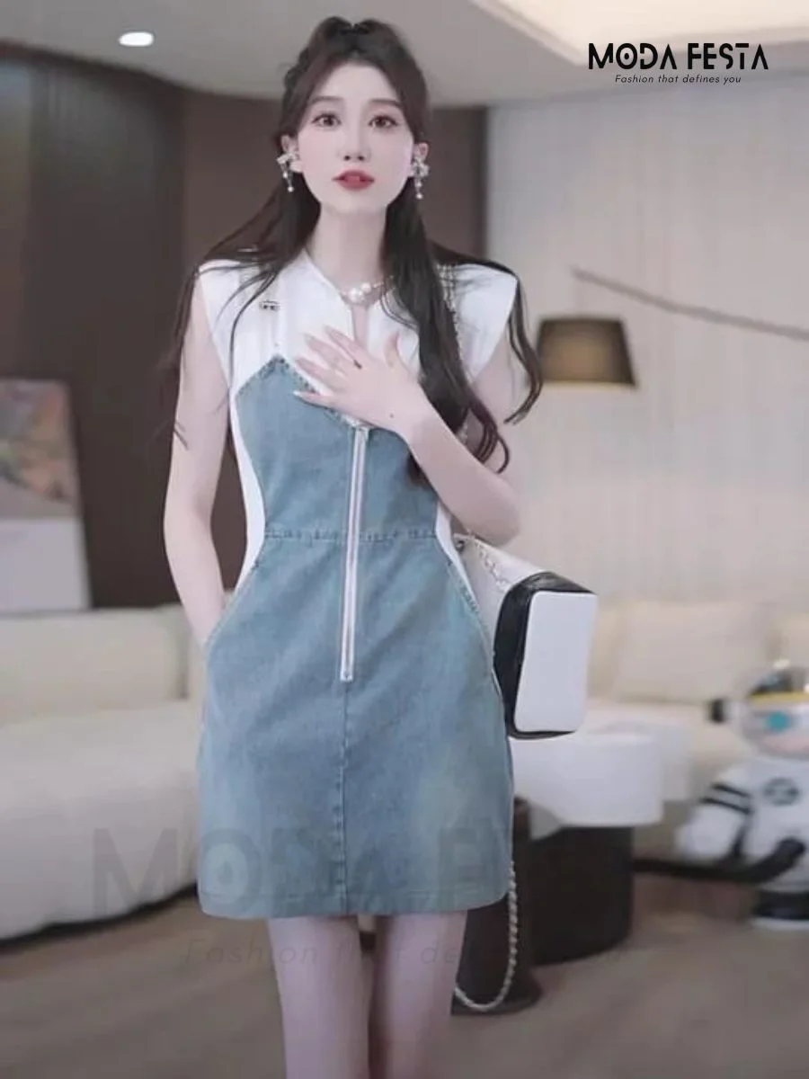 ModaFesta -chain-spliced-denim-dress-white