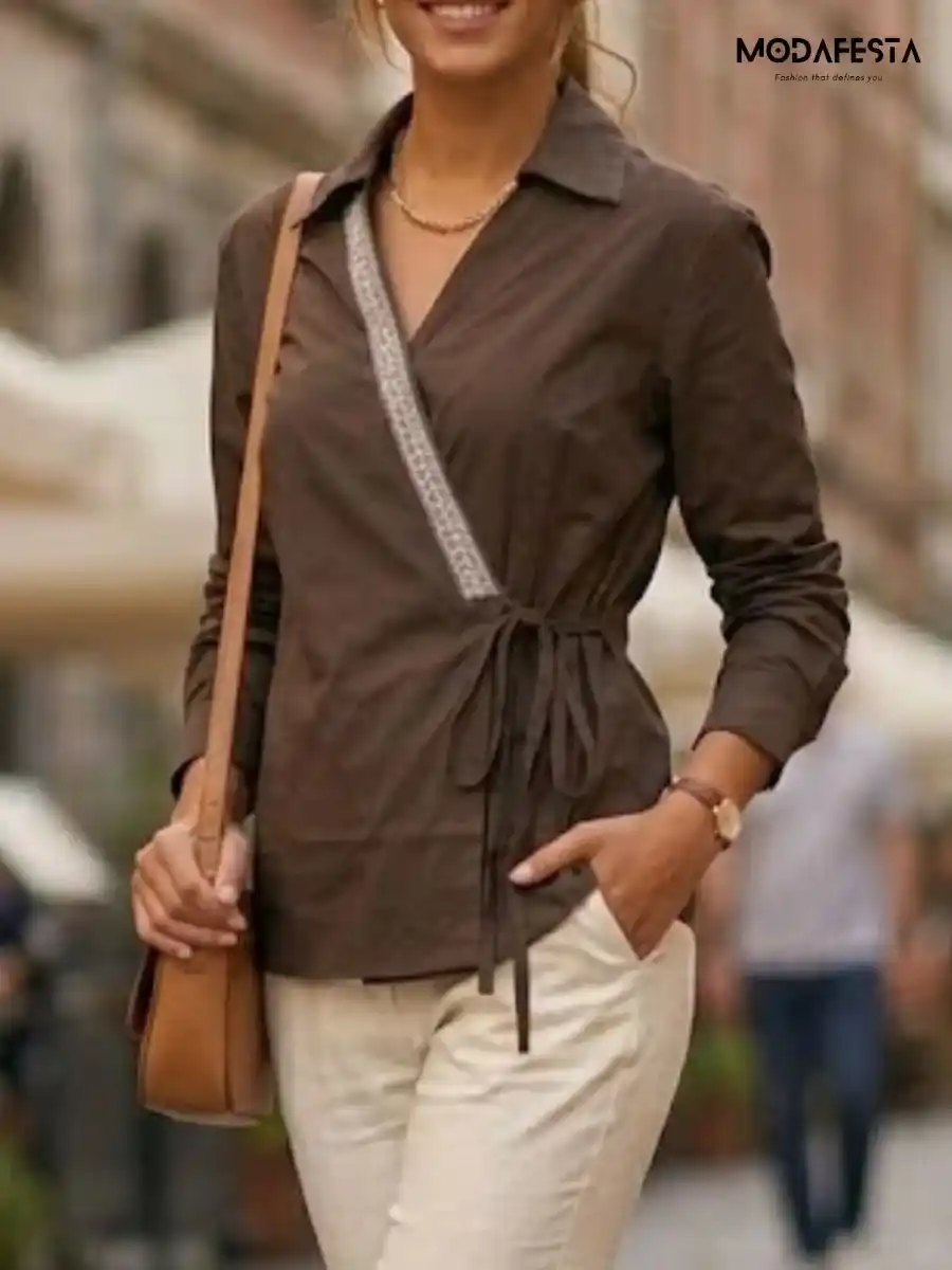 ModaFesta -elegant-v-neck-embellished-wrap-top-brown