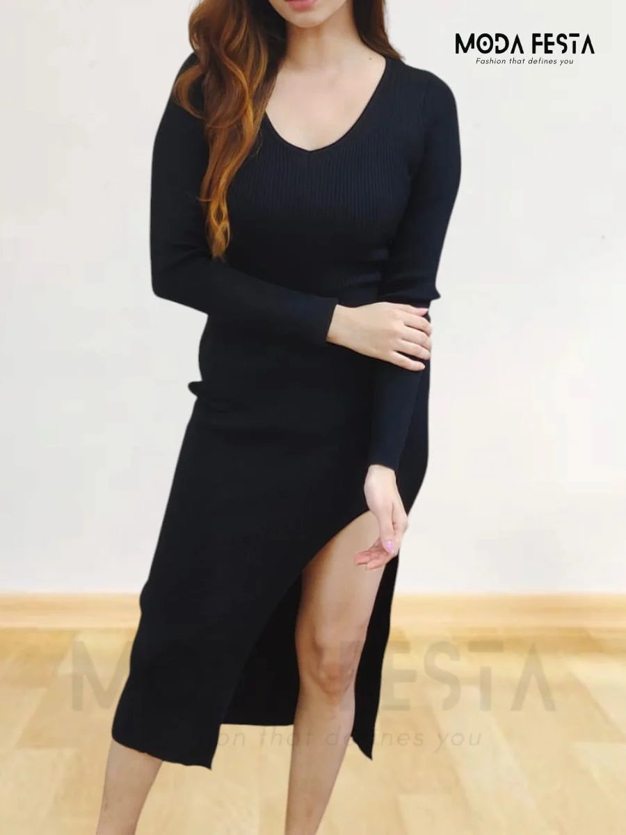 ModaFesta -style-v-neck-bodycon-dress-black