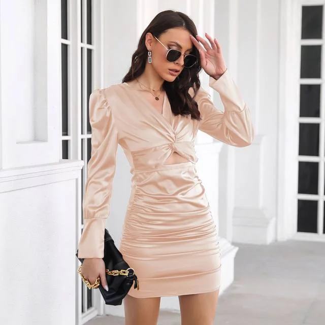 ModaFesta -ruched-bodycon-sexy-one-piece-dress-beige-champagne