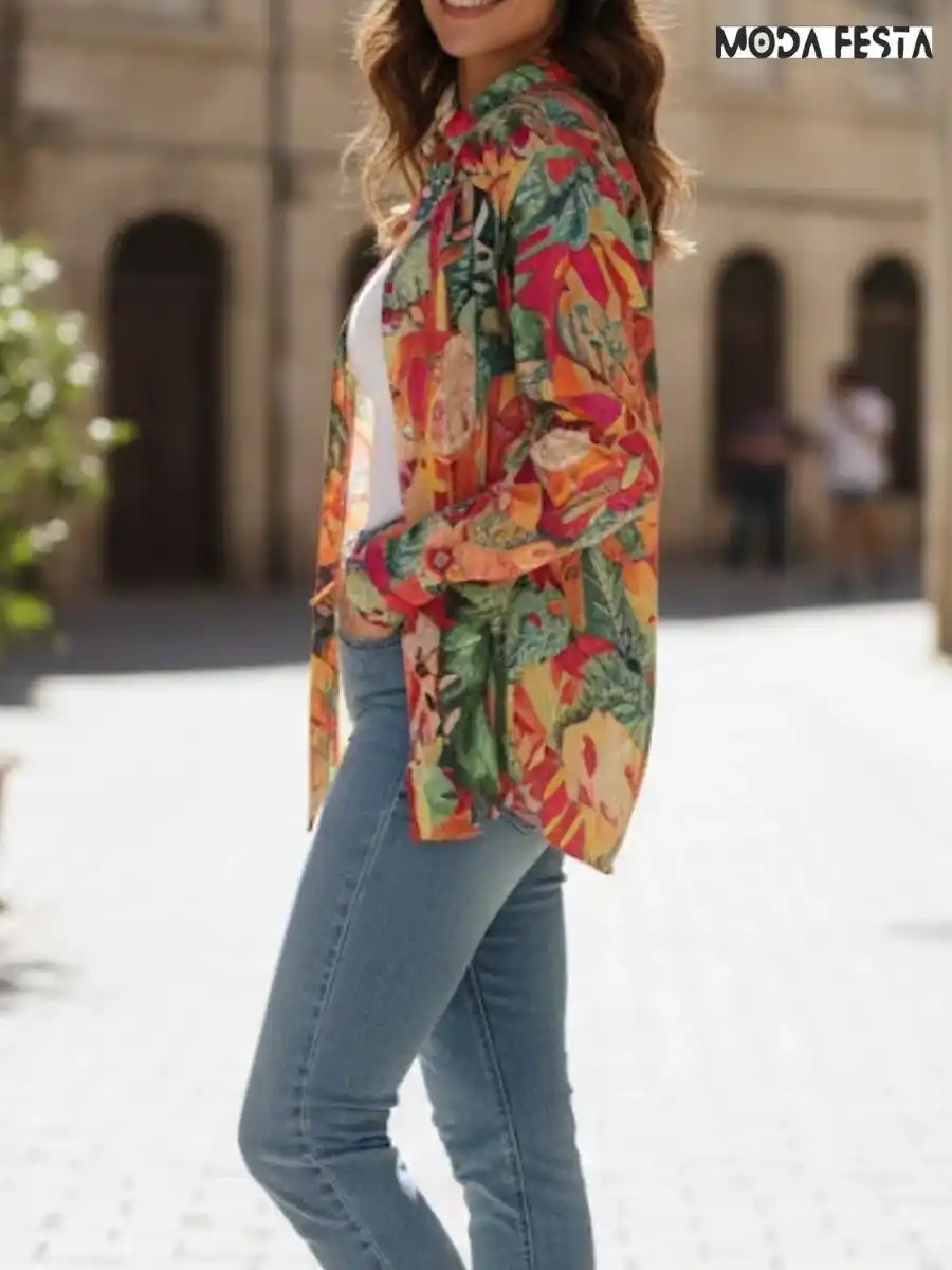 ModaFesta -elegant-floral-print-linen-shirt-orange