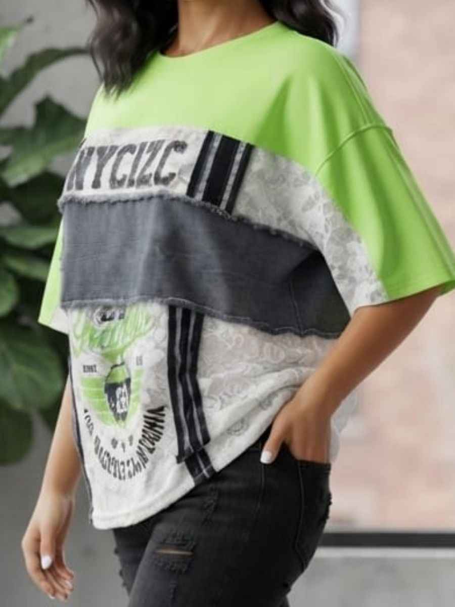 ModaFesta -green-patchwork-graphic-lace-denim-t-shirt