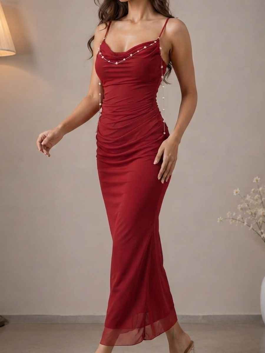 ModaFesta -wine-red-cowl-neck-pearl-embellished-ruched-mesh-maxi-dress