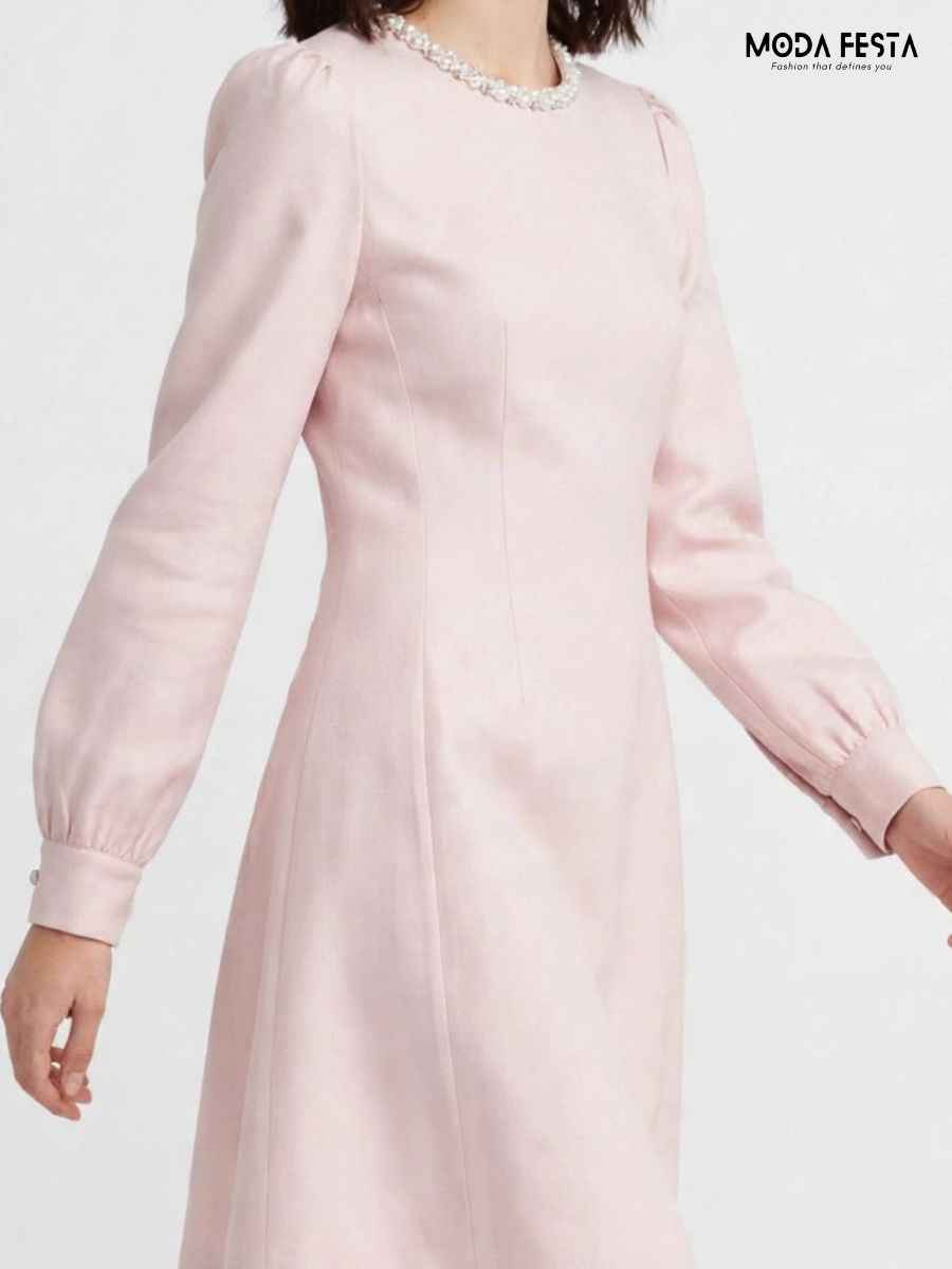 ModaFesta -pearl-collar-long-sleeve-pink-mini-dress