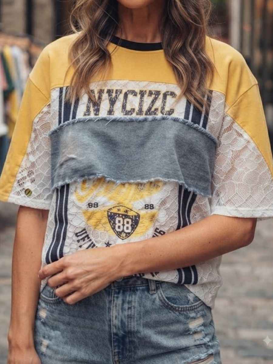 ModaFesta -yellow-patchwork-graphic-lace-denim-t-shirt