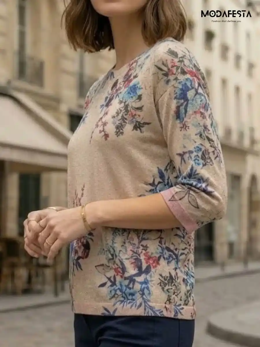 ModaFesta -elegant-shiney-floral-graphic-print-top-1-beige