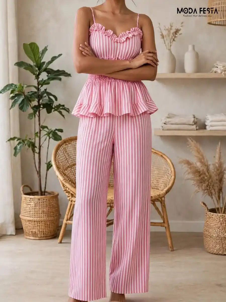 ModaFesta -peplum-top-striped-coord-set-peach
