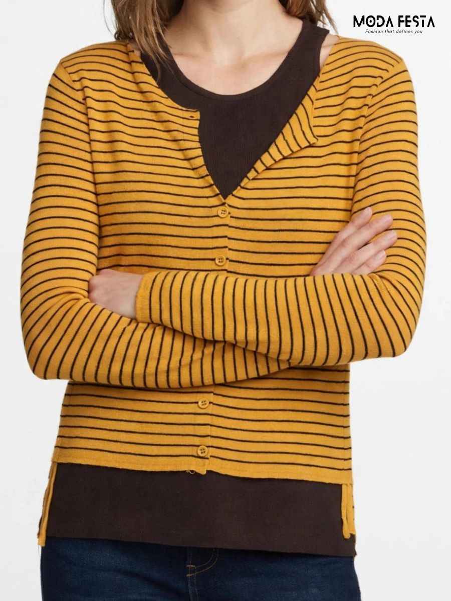 Yellow Striped Side-Tie Layered Knit Cardigan Top