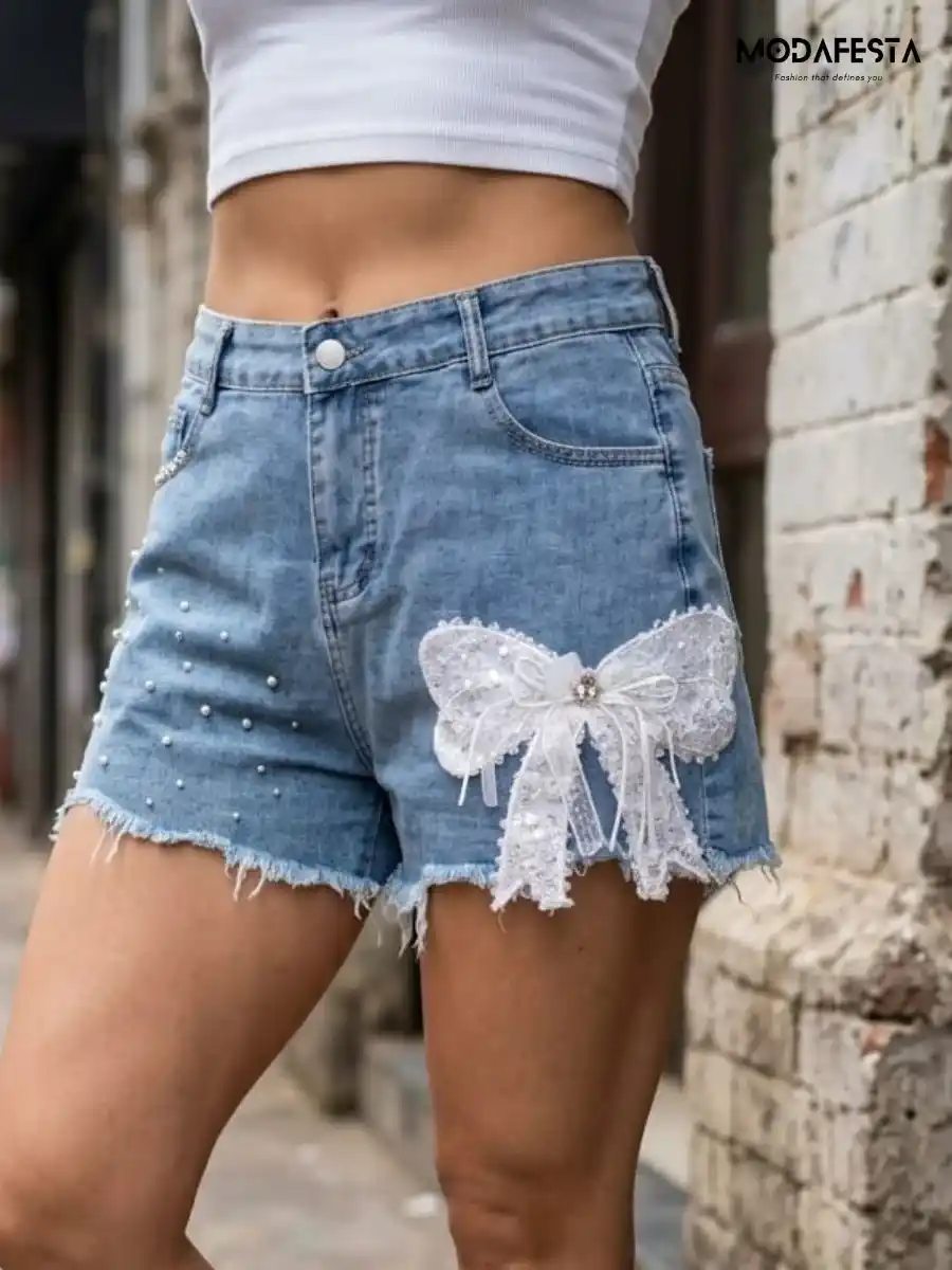 ModaFesta -elegant-pearl-bow-denim-short-blue