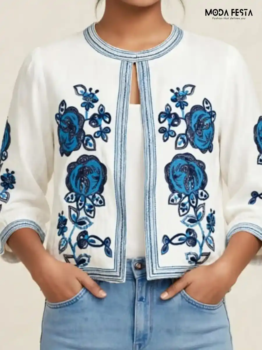 ModaFesta -white-and-blue-floral-embroidered-open-front-crop-top