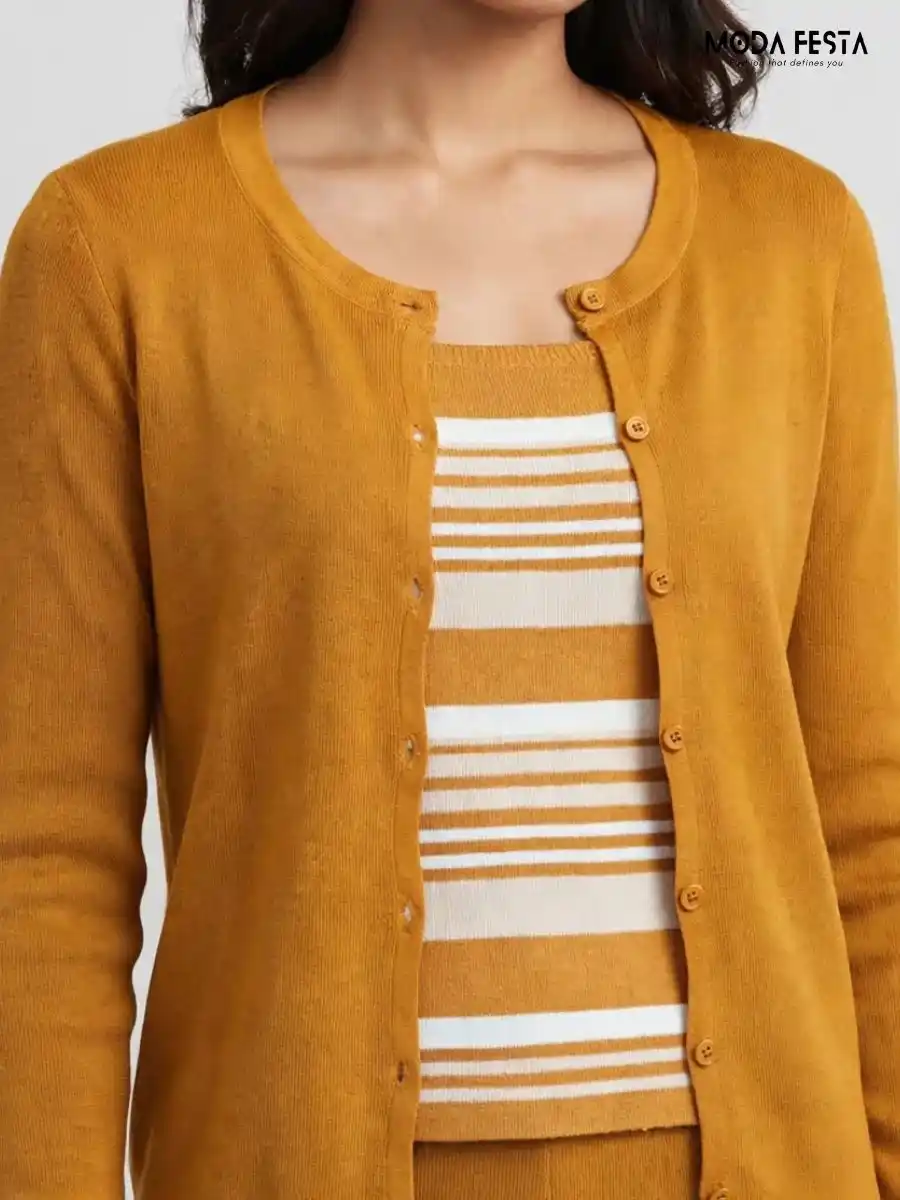 ModaFesta -mustard-yellow-cardigan-striped-inner-top-coord-set