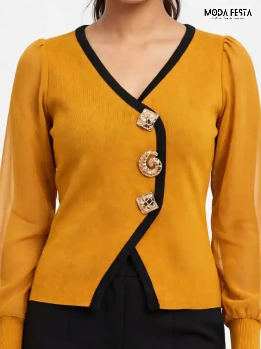 ModaFesta -mustard-black-contrast-trim-asymmetric-statement-top