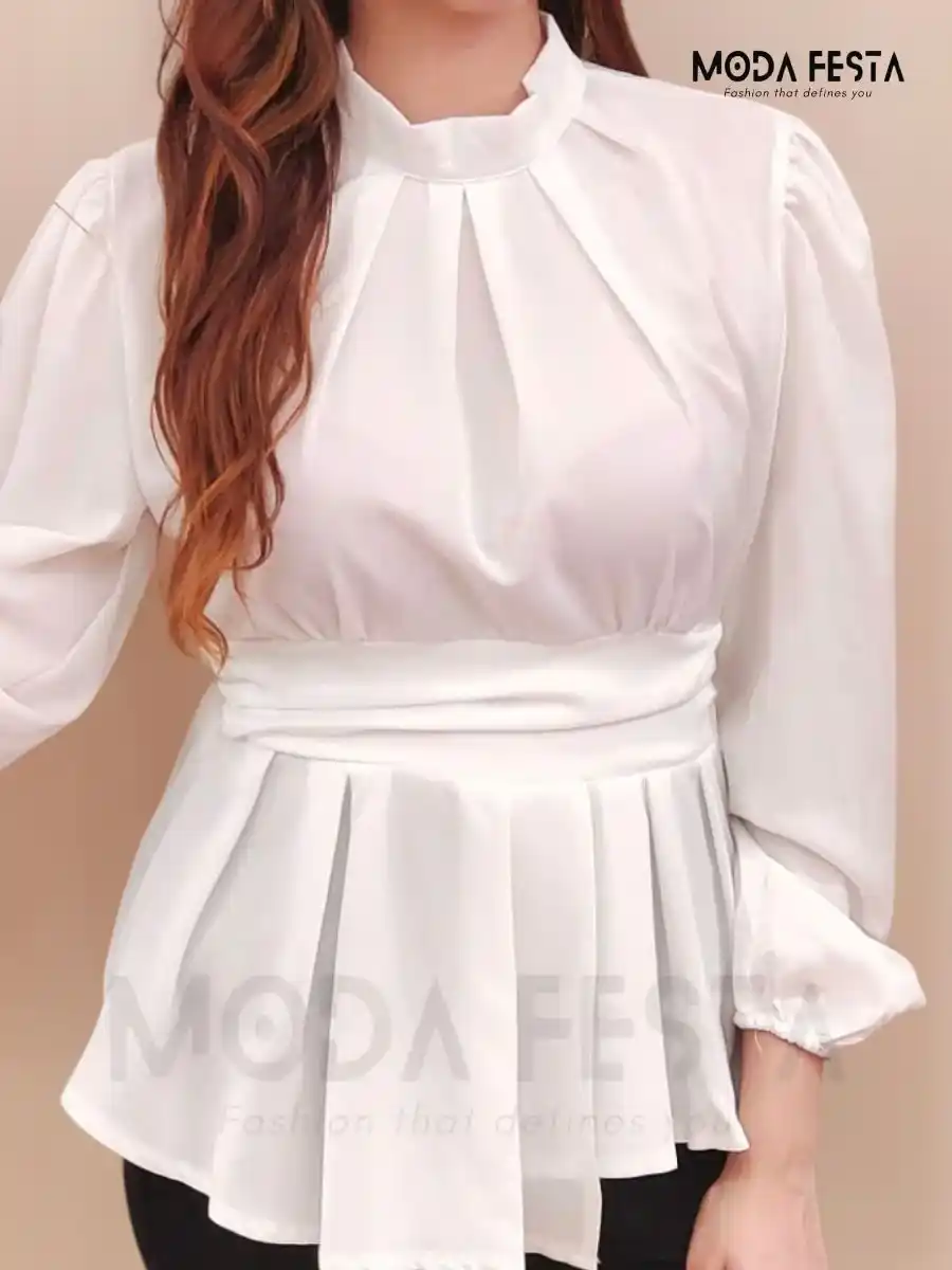 ModaFesta -white-high-neck-peplum-top