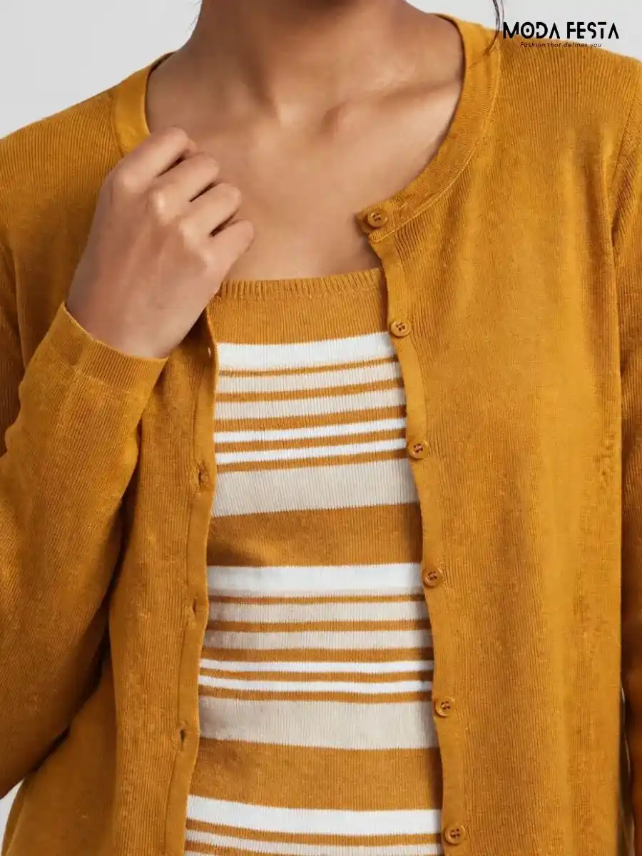 ModaFesta -mustard-yellow-cardigan-striped-inner-top-coord-set