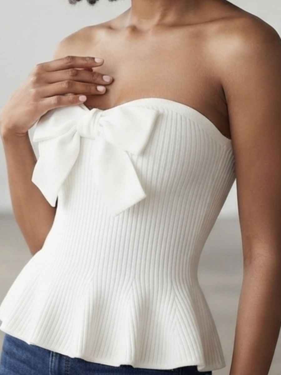 ModaFesta -white-ribbed-bow-accent-peplum-top