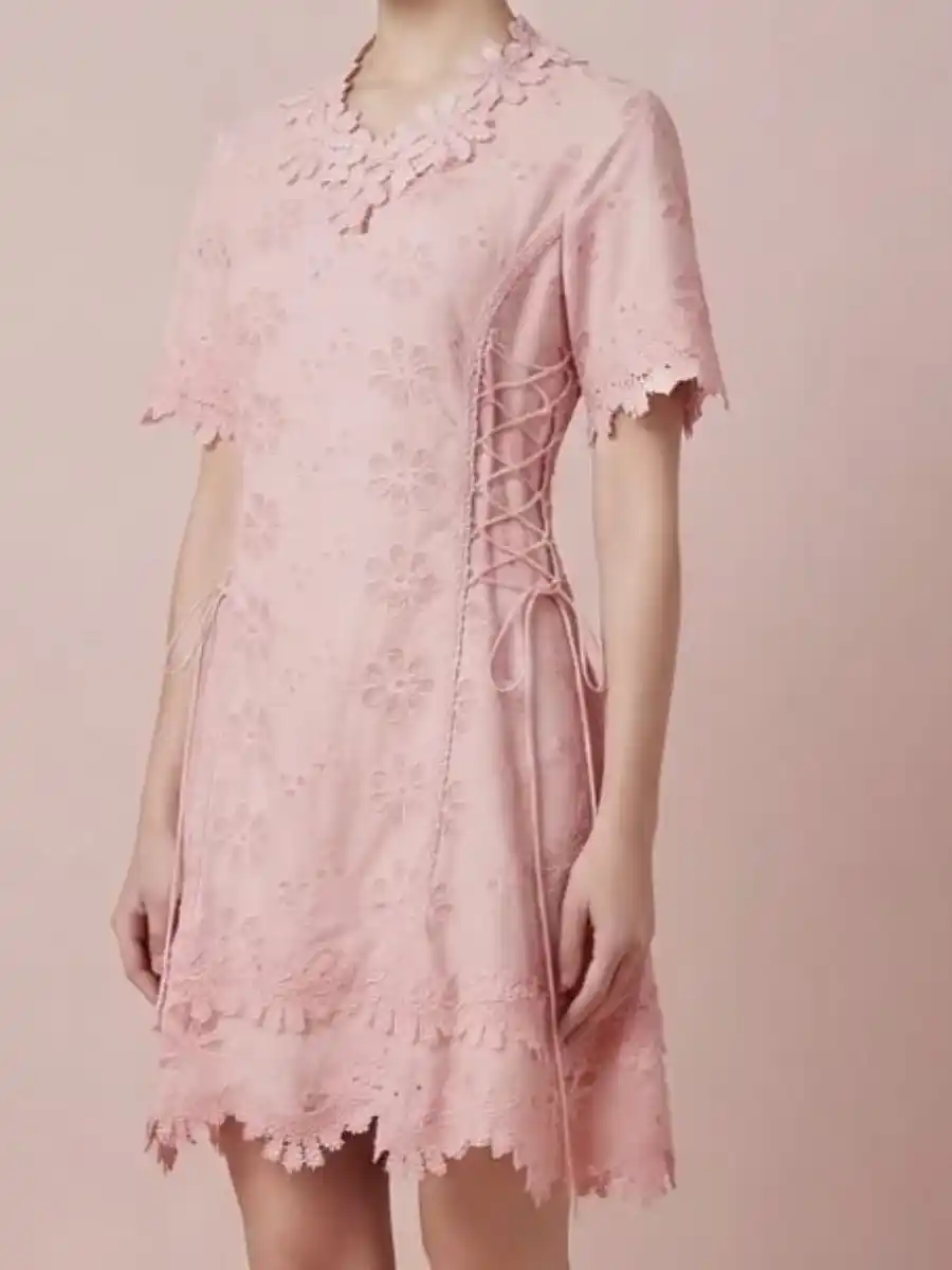 ModaFesta -blush-floral-embroidered-lace-up-mini-dress